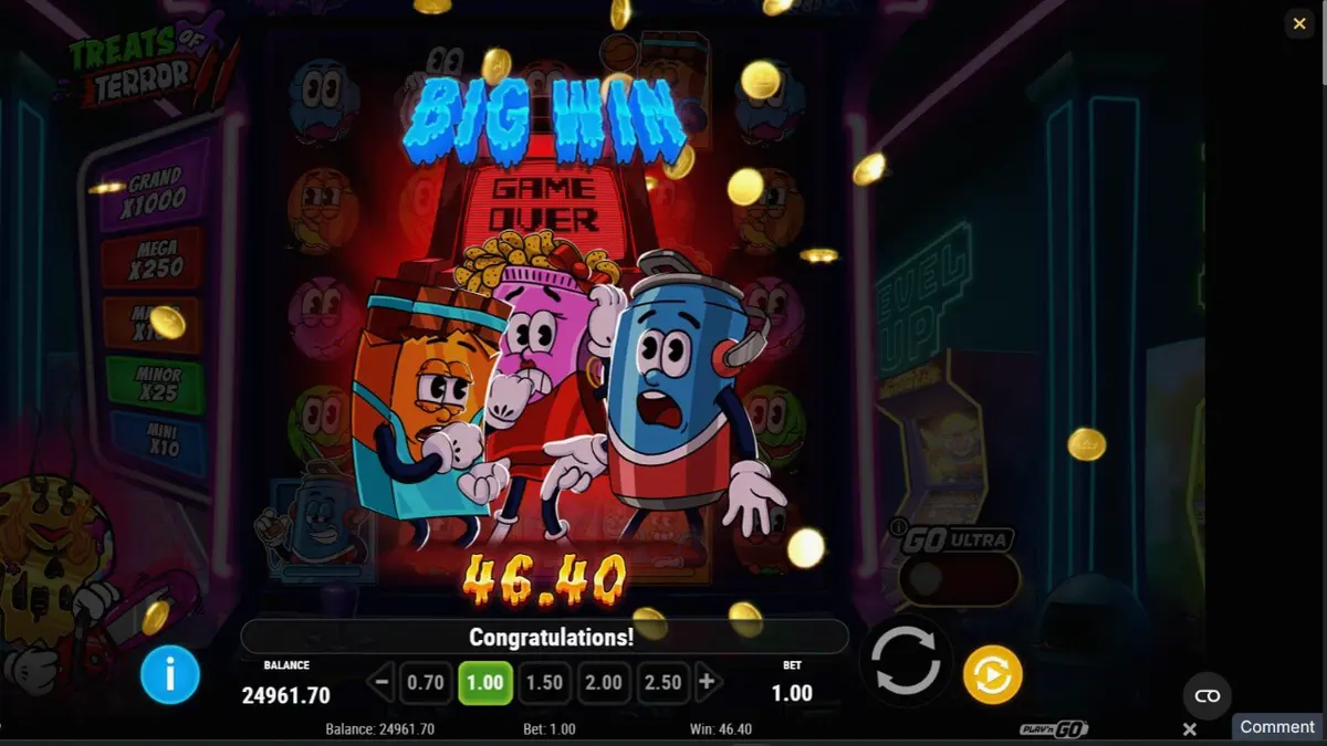 Tampilan visual neon retro dari slot Treats of Terror 2