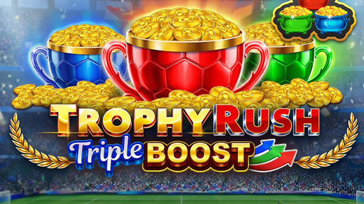 Tampilan visual slot Trophy Rush Triple Boost dengan tema olahraga dan koin emas
