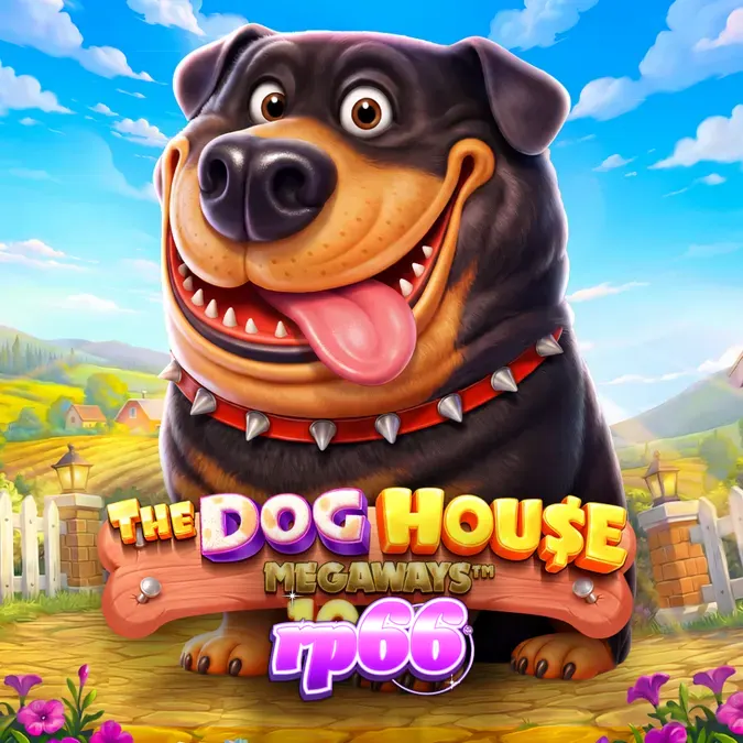 Tampilan visual slot The Dog House Megaways 1000 dengan karakter anjing yang ceria